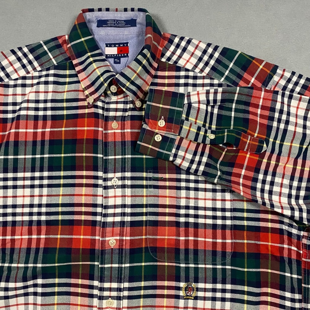 Tommy Hilfiger Mens Medium Plaid Button Down Shirt Crest Logo Long Sleeve